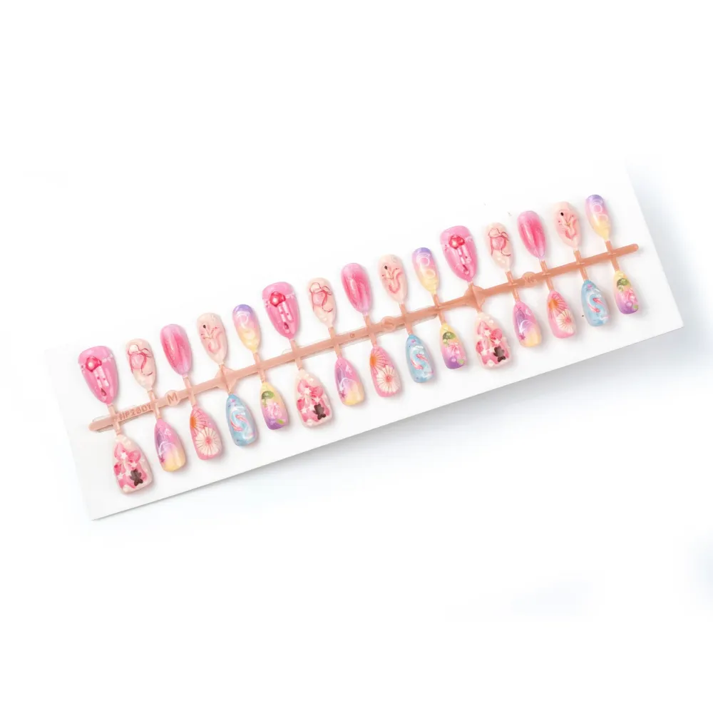 Nailhour 30Pcs Floral 3D Teddy Bear Medium Almond French Press On Nails