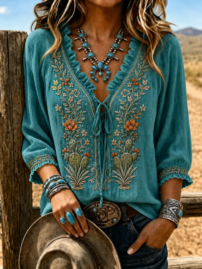 Women'S Vintage Ethnic Patterns Printed Lace Up 3/4 Puff Sleeve Western Blouse
