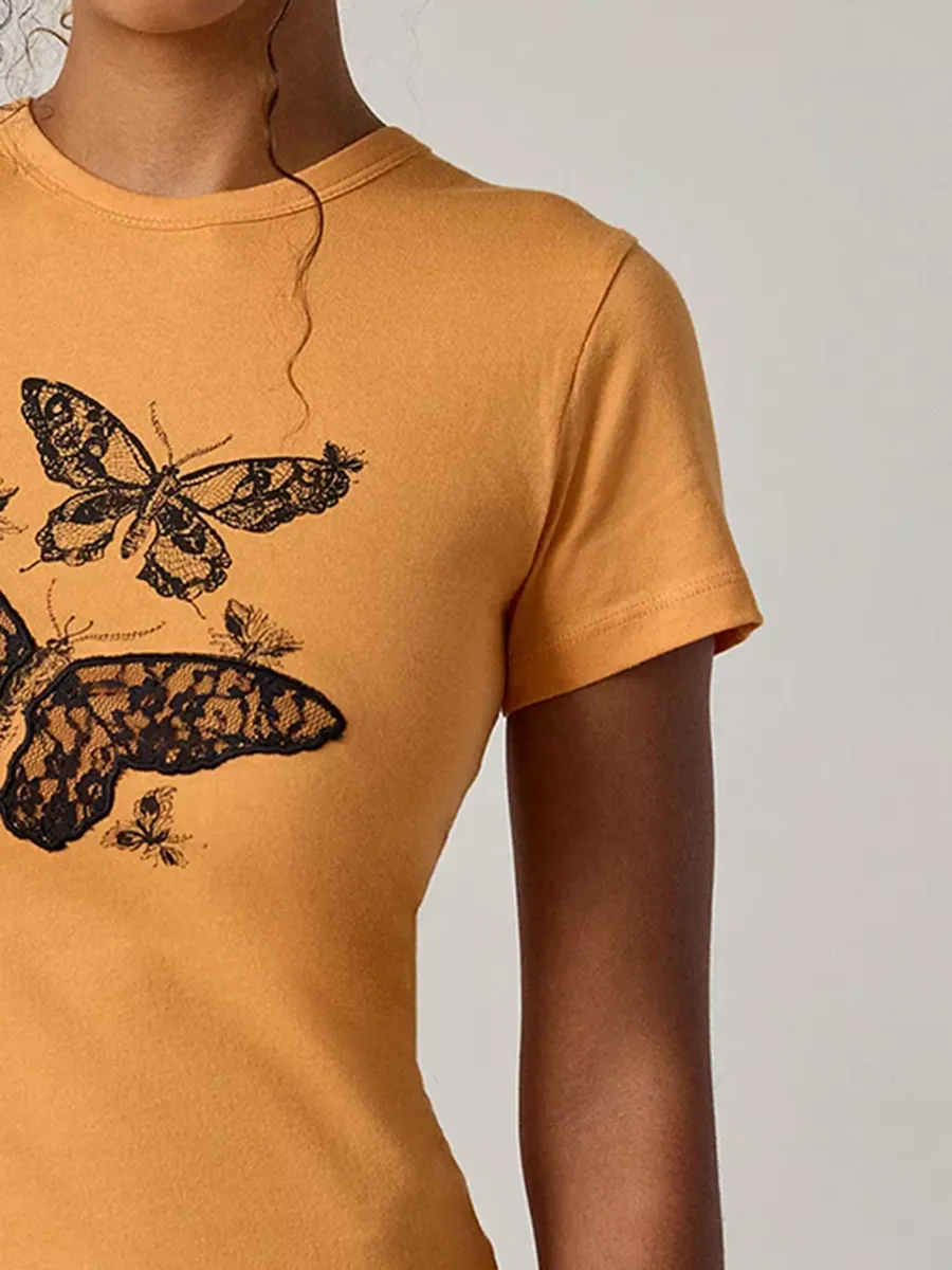 Women's Pure Cotton T-Shirt With Butterfly Embroidery