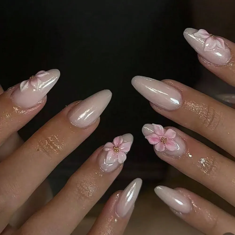 Nailhour 10Pcs Handmade Versatile Medium Almond 3D Floral Press On Nails