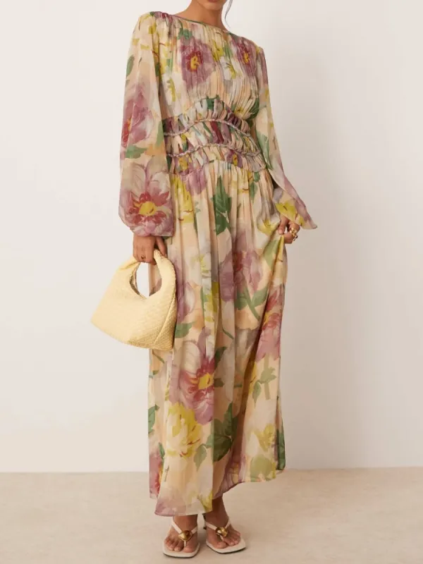Pleated Floral Boat Neck Dress
