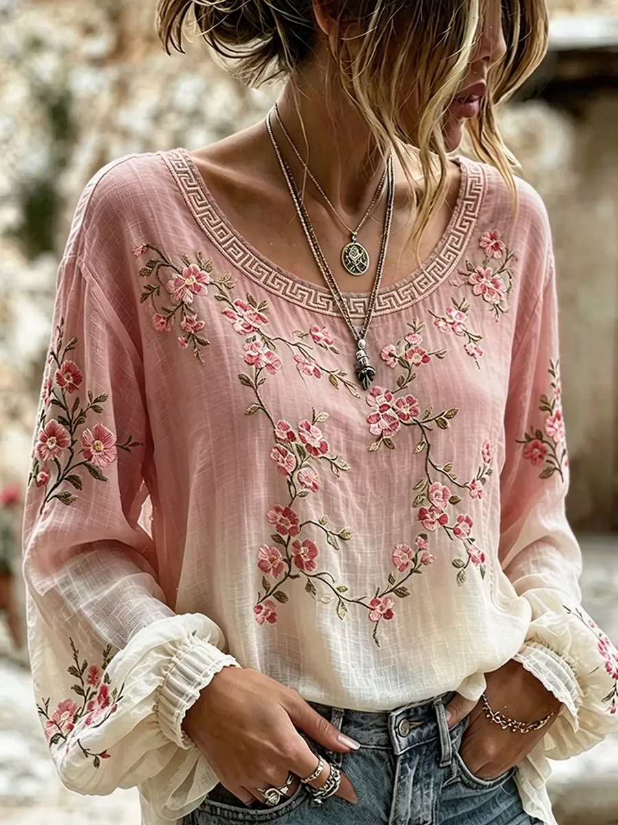 Women's Casual Cotton Linen Flower Print Top