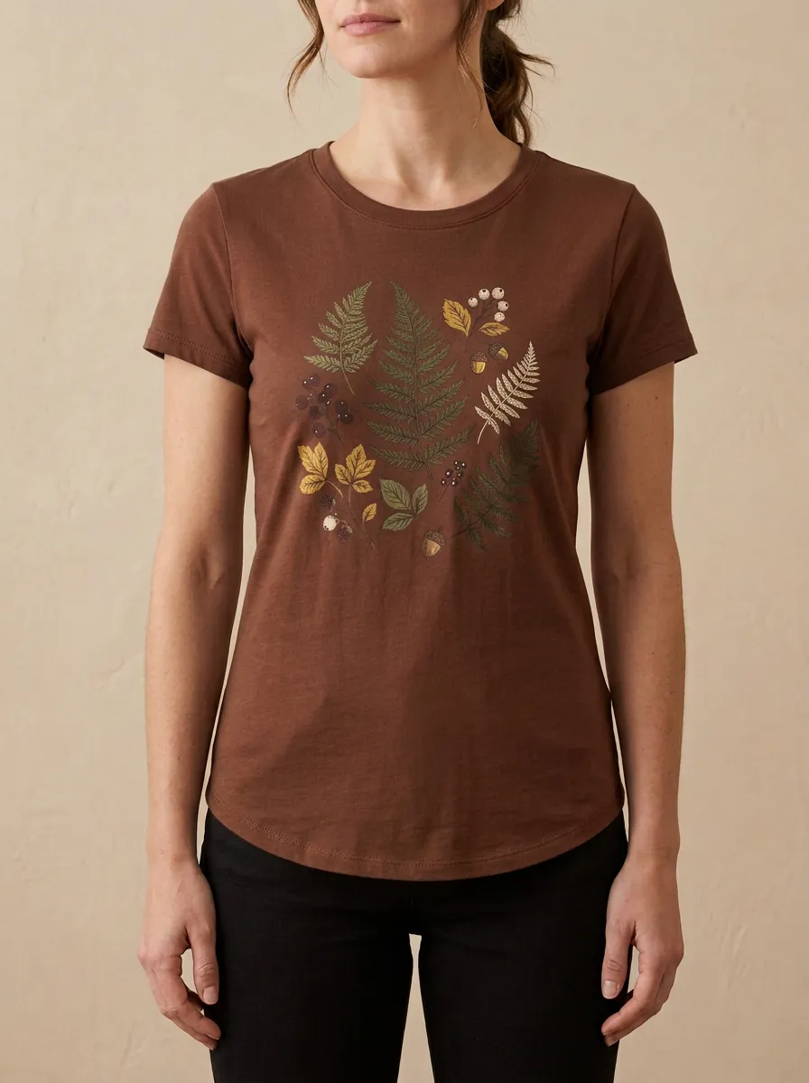 Fern Leaves Acorns Printed Women's Graphic T-Shirt