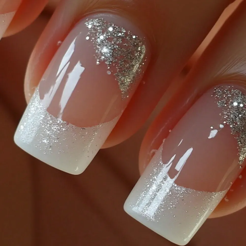 Nailhour 24Pcs White Glitter Rhinestone Short Square Press On Nails