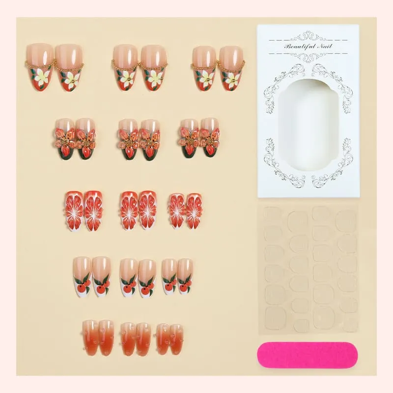 Nailhour 30Pcs 3D Orange Floral Autumn Medium Almond Press On Nails