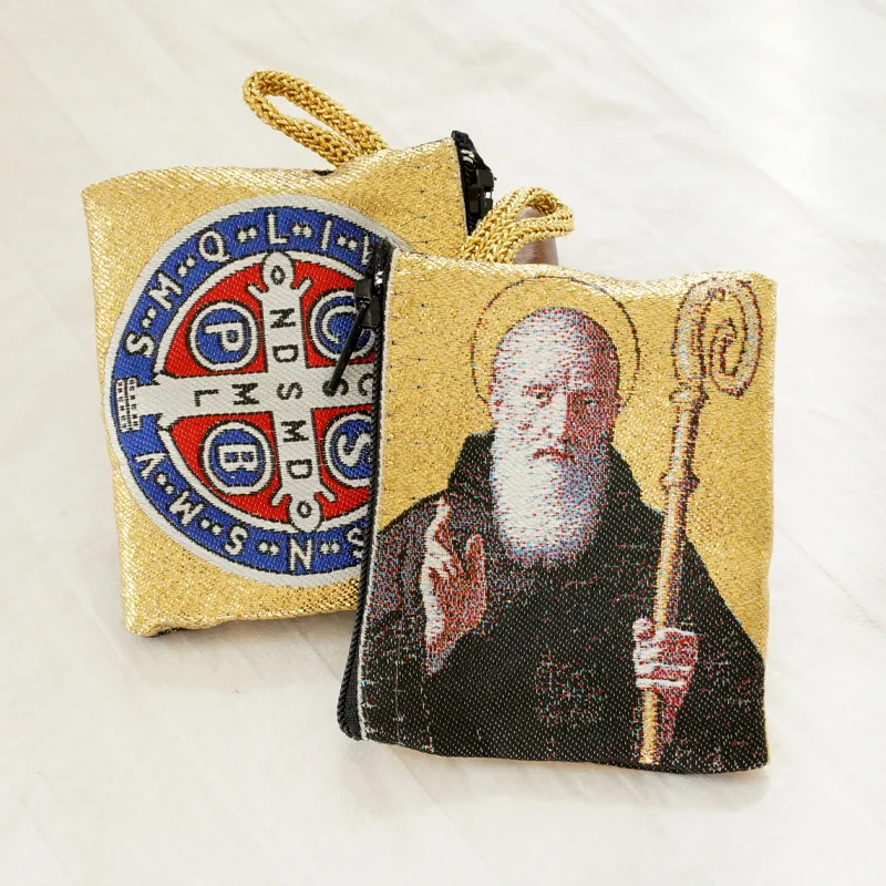Embroidered Rosary Bag With Religious Images Of Catholic Saints For Prayer