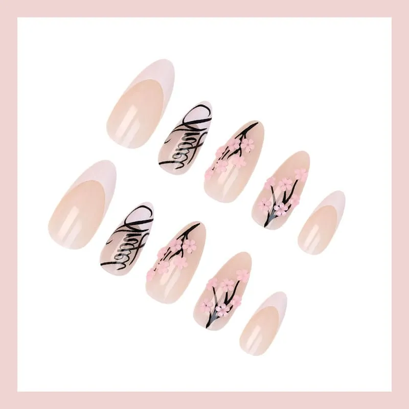 Nailhour 24Pcs Pink Cherry Blossom Medium Stiletto French Press On Nails