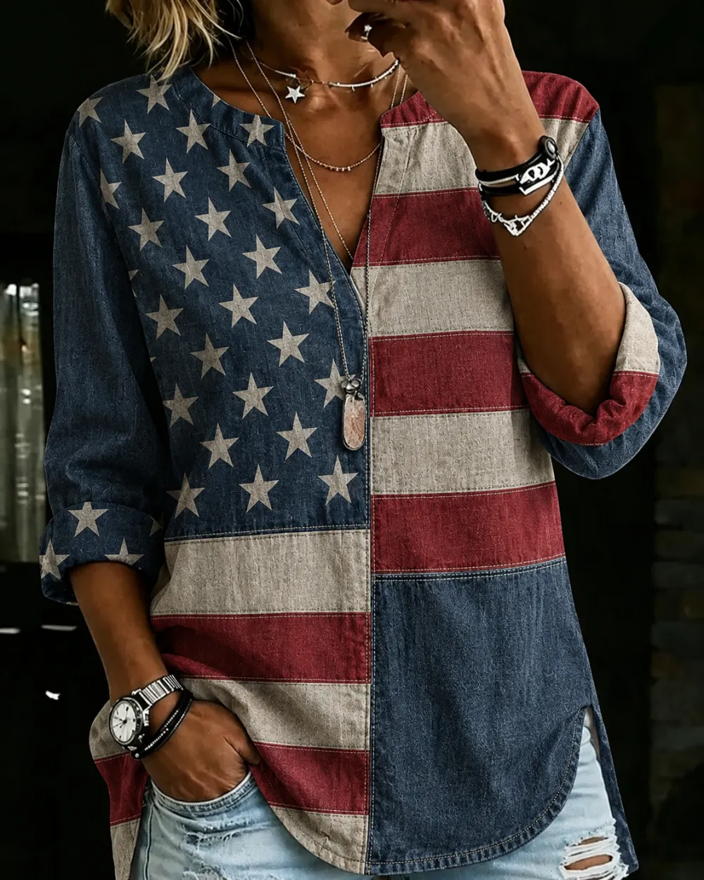 Women'S Retro Art American Flag Printed Casual Top