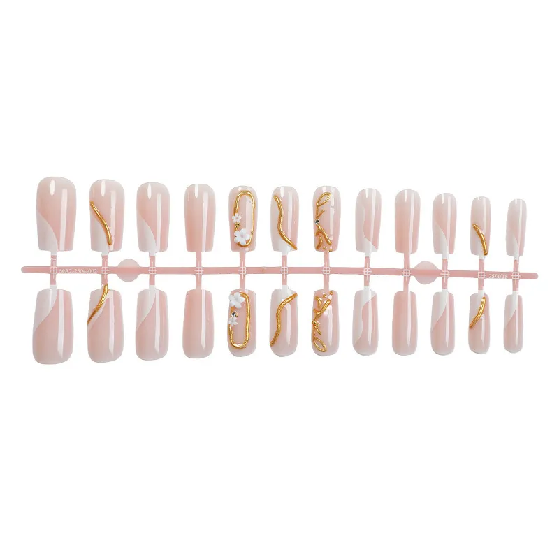 Nailhour Long Floral Square 24Pcs Nude Daily Chrome Press On Nails