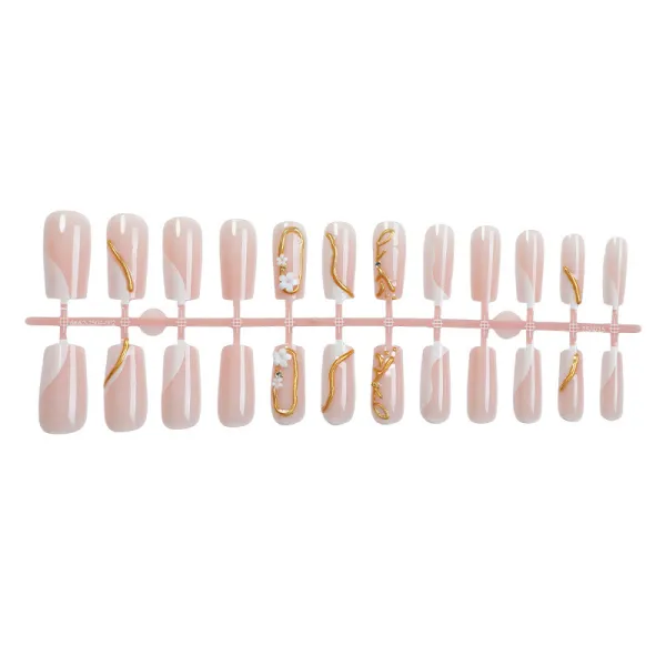 Nailhour Long Floral Square 24Pcs Nude Daily Chrome Press On Nails