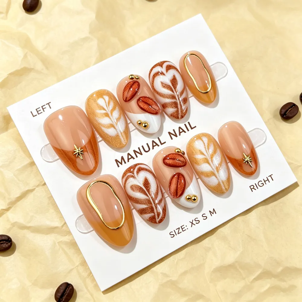 Nailhour 30Pcs 3D Coffee Beans Medium Almond French Press On Nails