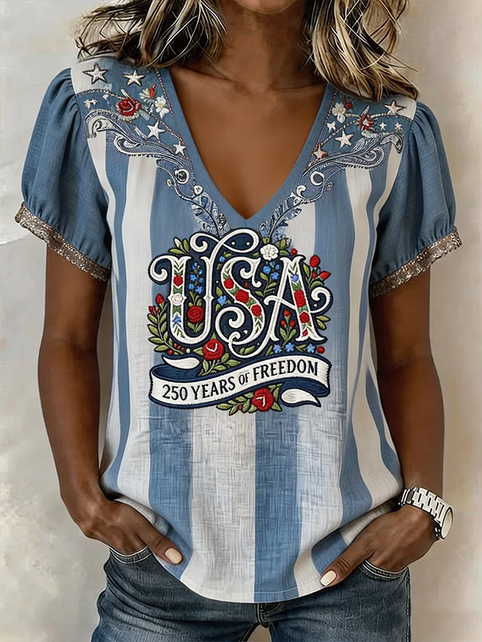Women'S Vintage Stripe USA Of Freedom Floral Embroidered V-Neck Blouse