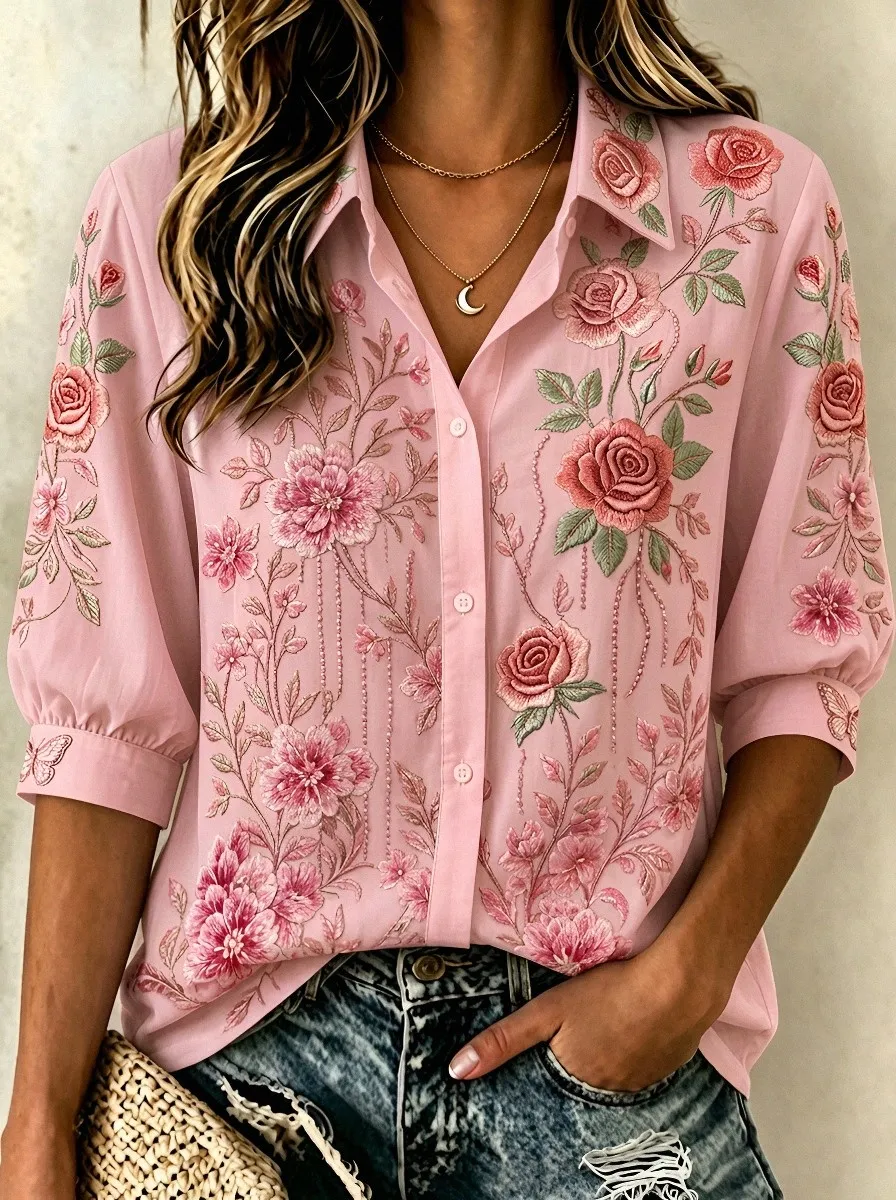 Women's Breast Cancer Awareness Pink Rose Floral Embroidered Printed Shirt