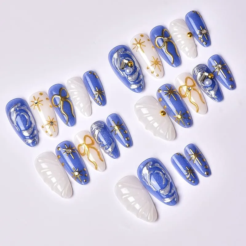 Nailhour 24Pcs 3D Butterfly Bow Medium Almond French Press On Nails