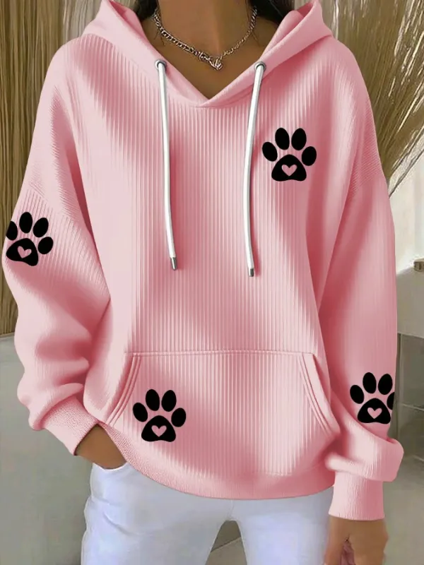 Casual Hoodie With Cute Paw Print For Women