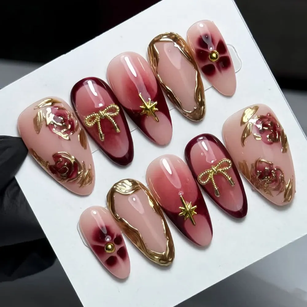 Nailhour 30Pcs Gilded Rose 3D Medium Almond Red Press On Nails