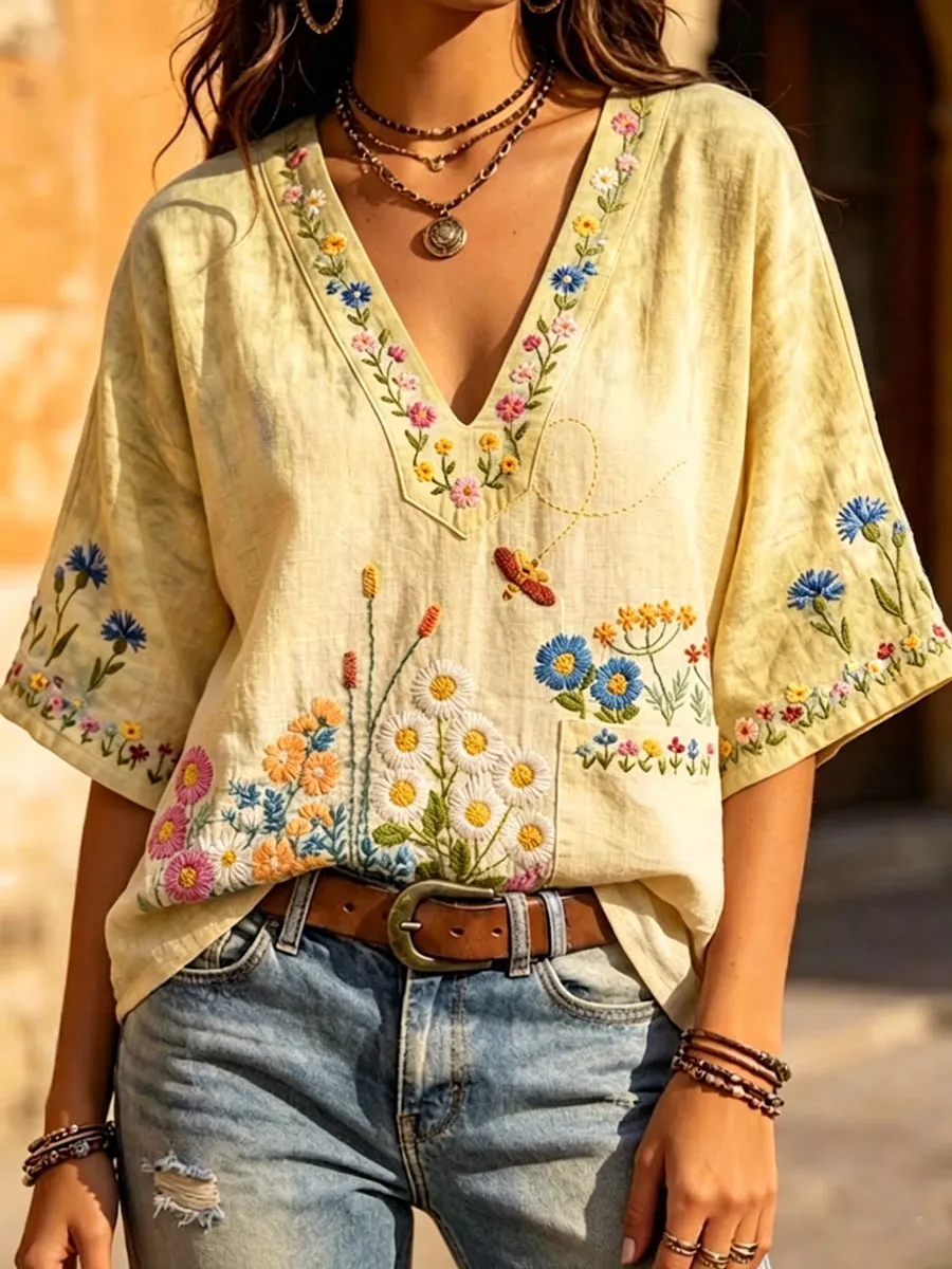 Women'S Casual Floral Print Cotton Linen Top
