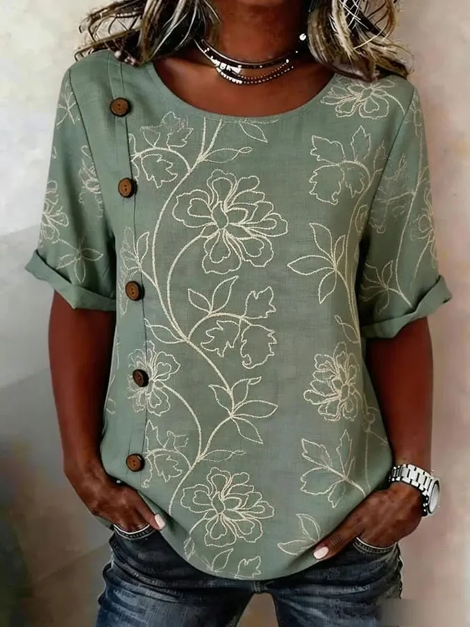 Women'S Button Design Casual Floral Art Short Sleeved Shirt