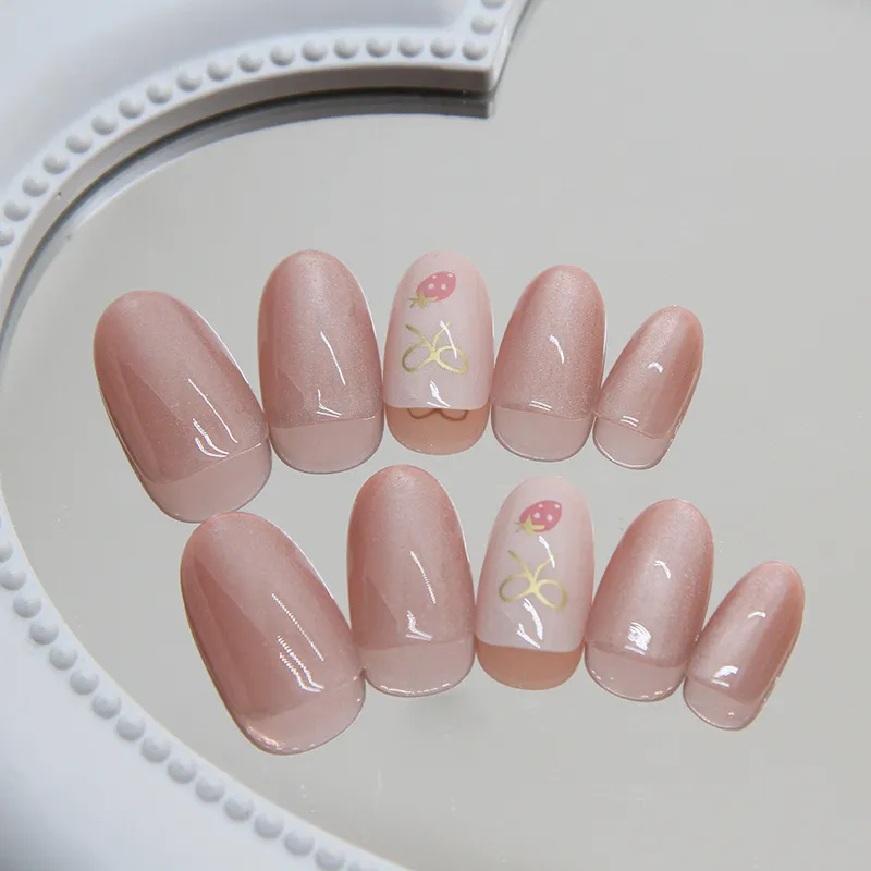 Nailhour Oval Strawberry 24Pcs Cute Short Cat Eye Press On Nails