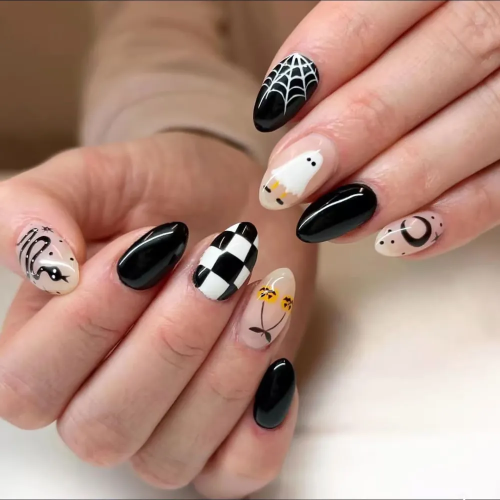Nailhour 30Pcs High-end Painting Pumpkin Ghost Halloween Short Almond Press On Nails