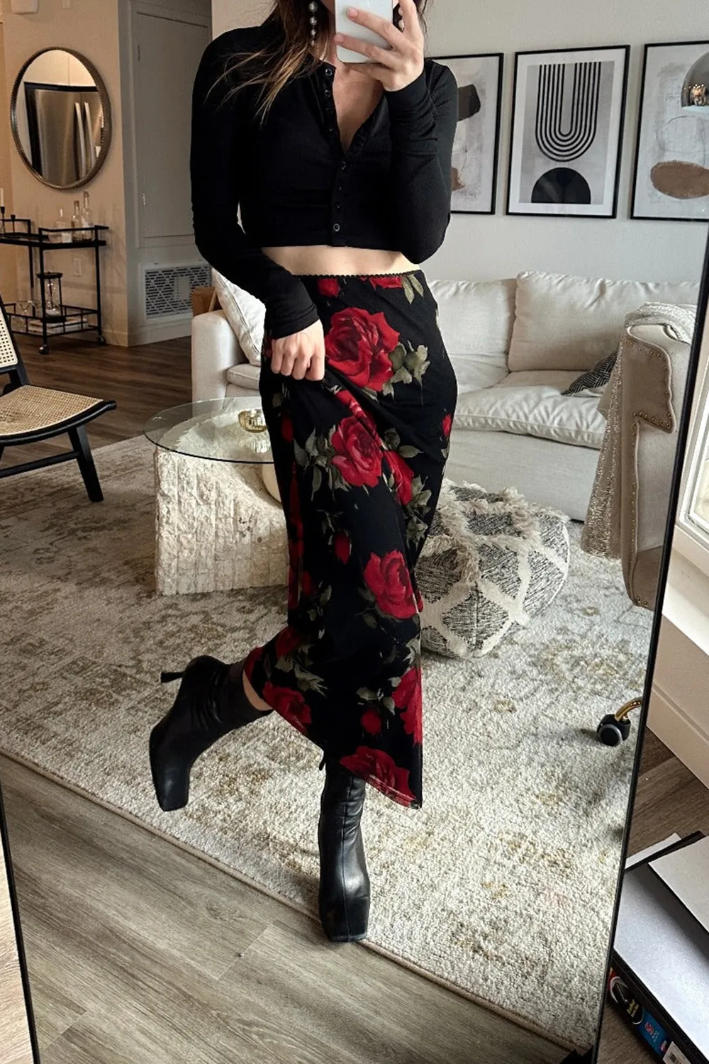 Red Rose Mesh Maxi Skirt
