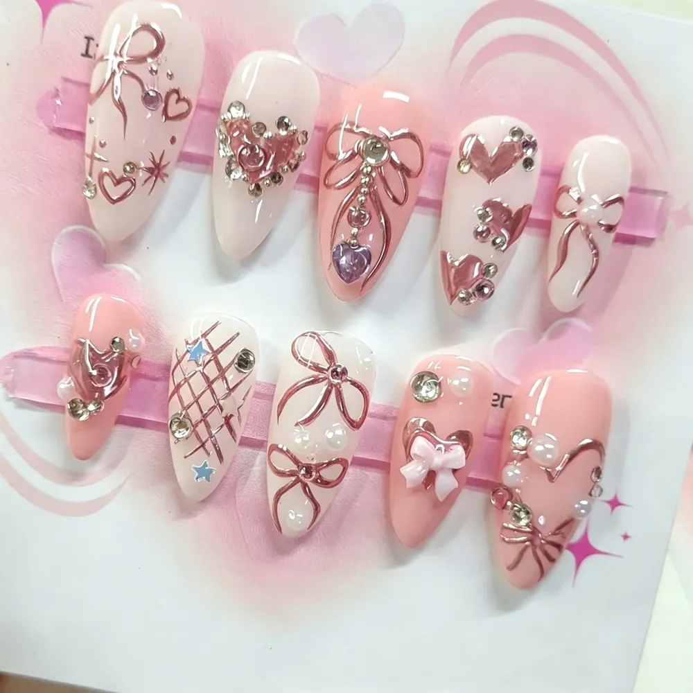 Nailhour 30Pcs Rhinestone 3D Medium Almond French Pink Press On Nails