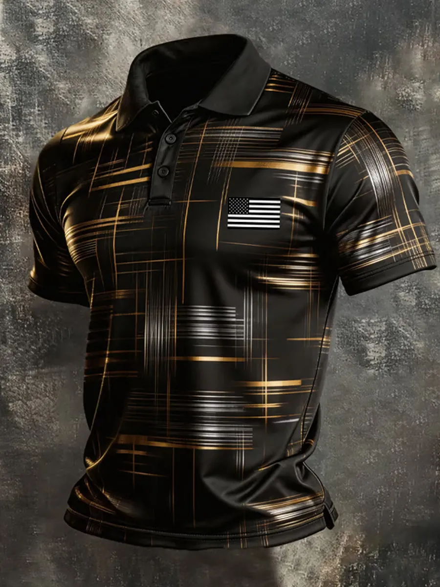 Men's Retro Patriot Color Block Polo Collar Short Sleeve