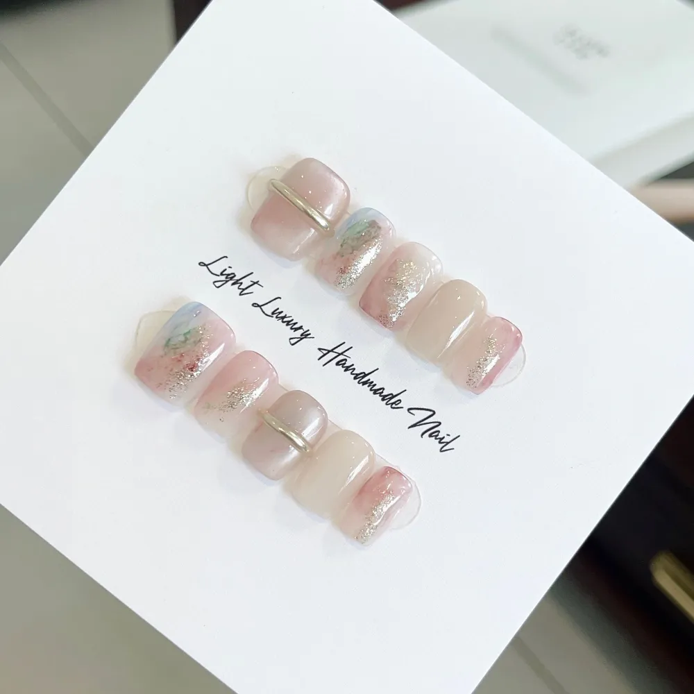 Nailhour 10Pcs Gilded Gradient Glitter Short Square Press On Nails