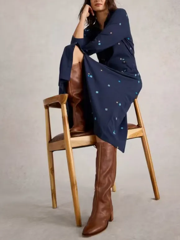 Embroidered Jersey Dress In Navy Print
