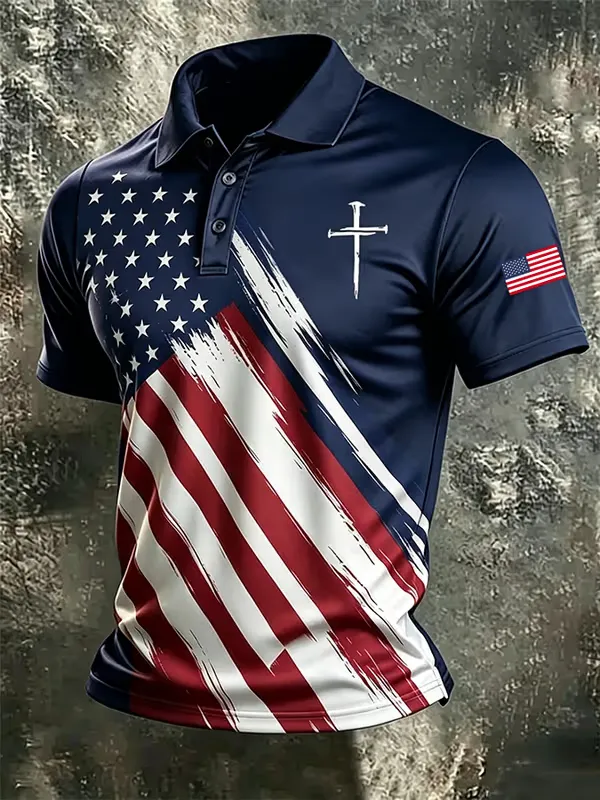 Men'S National flag and cross Print Casual Polo Shirt