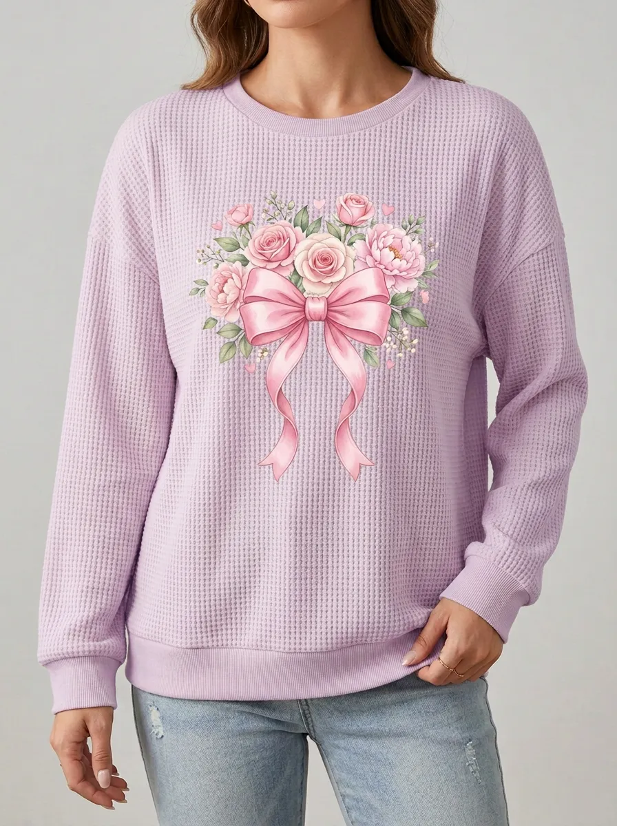 Women's Breast Cancer Awareness Pink Ribbon Floral Bow Printed Sweatshirt