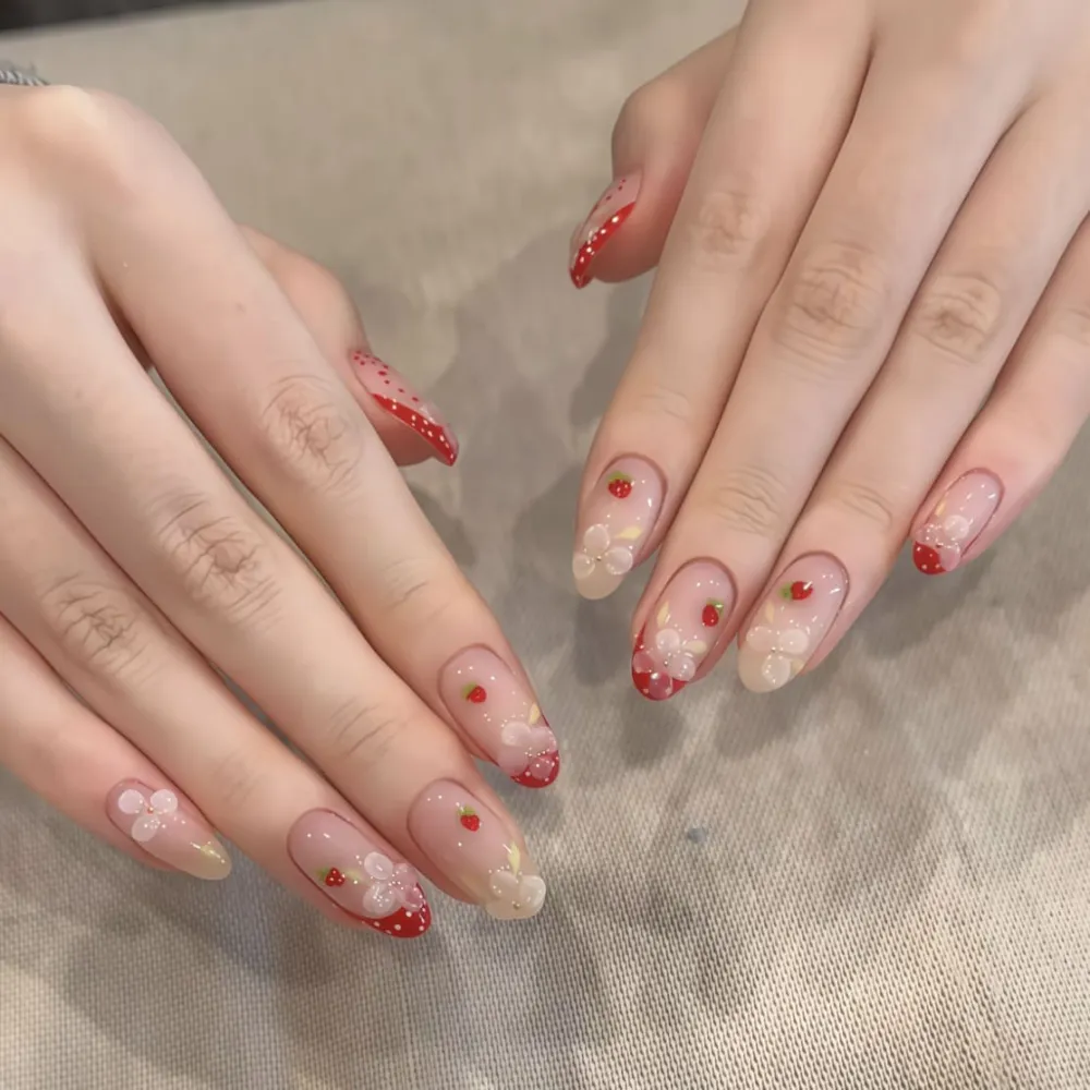 Nailhour 30Pcs Strawberry Red Medium Almond French Press On Nails