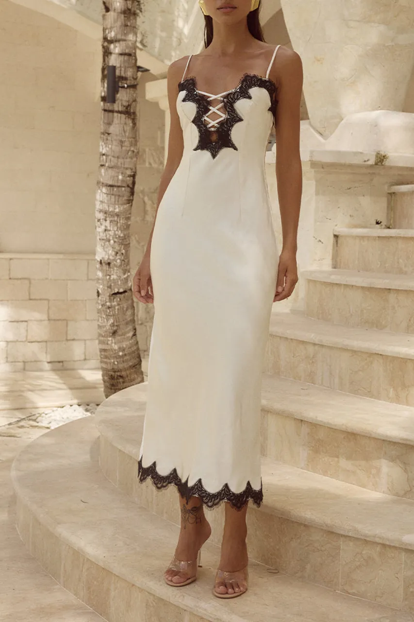 Lace Trimmed Contrast Midi Dress