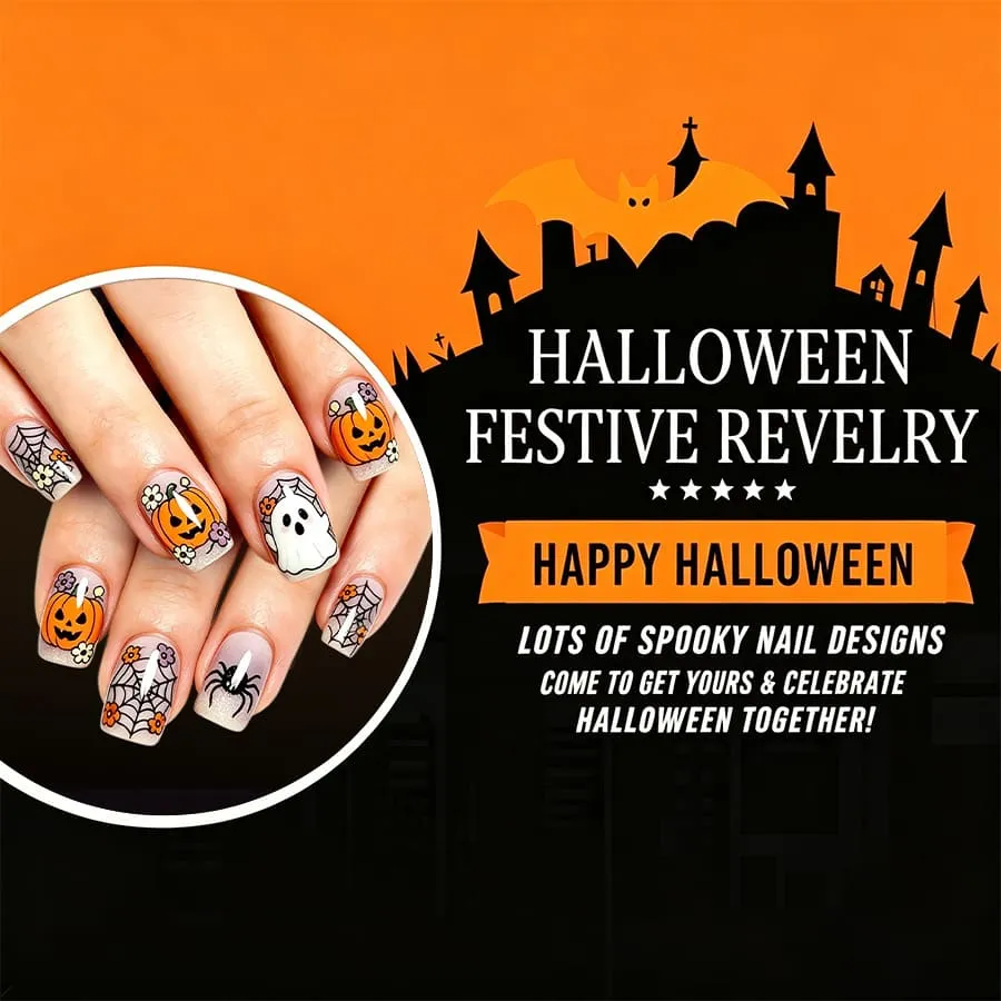 Nailhour 24Pcs Cute Pumpkin Ghost Halloween Short Squoval Press On Nails