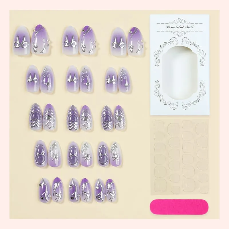 Nailhour 30Pcs Y2K Purple 3D Medium Almond French Press On Nails