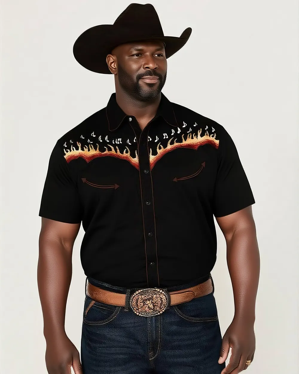 Men'S Western Flame & Note Black Short Sleeve Shirt