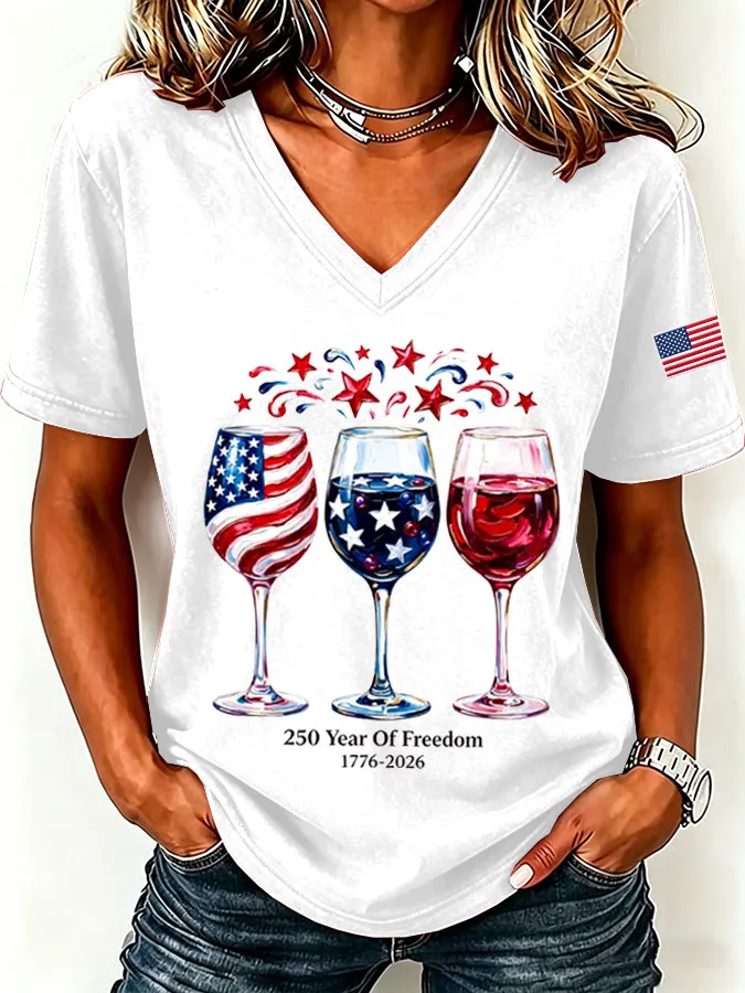 Women'S America Flag  Print Casual V-Neck T-Shirt