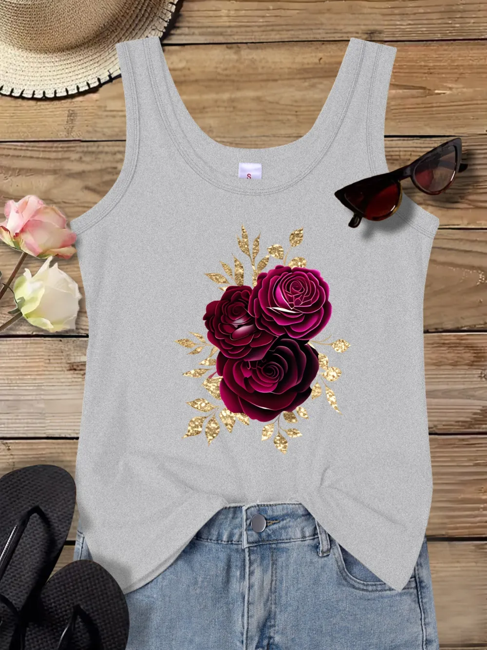 Deep Purple-Golden Leaf Rose Print Tank Top