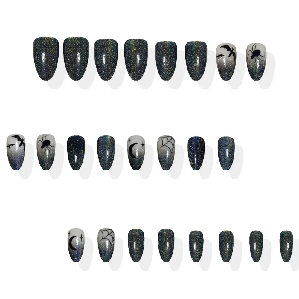Nailhour 24Pcs Halloween Dark Medium Almond Cat Eye Press On Nails