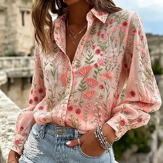 Classy Floral Embroidery Art Comfy Linen Blouse