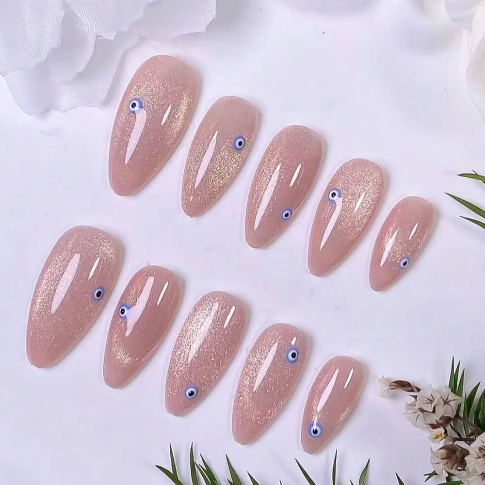 Nailhour 10Pcs Handmade French Medium Almond Pink Cat Eye Press On Nails
