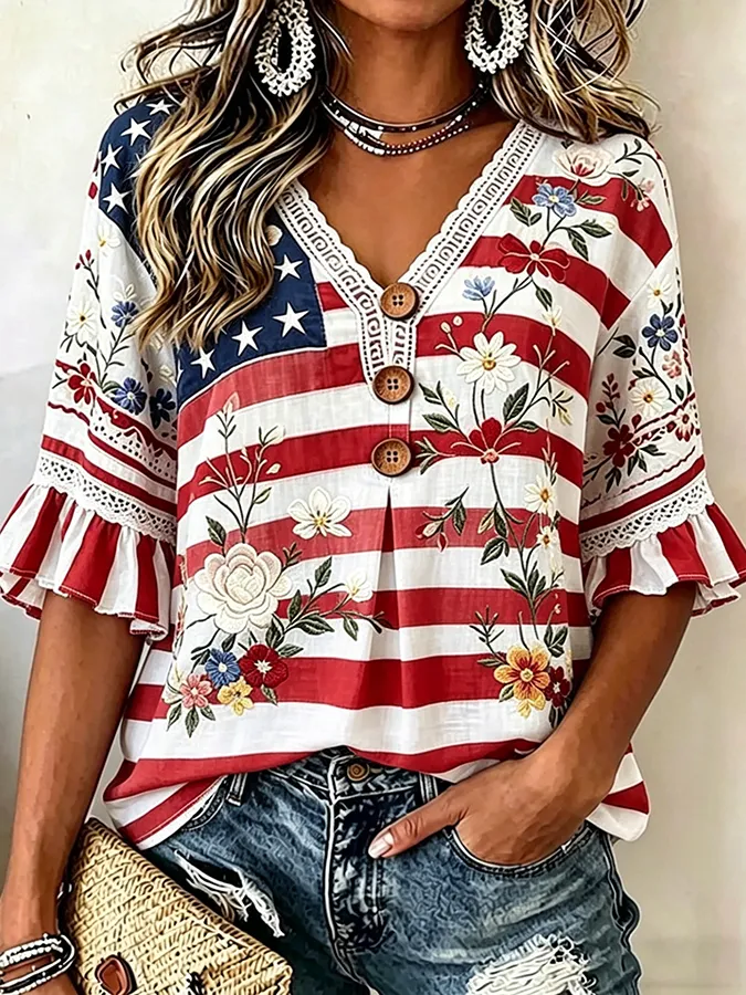 Women's Retro Art-Style American Flag Lapel Shirt