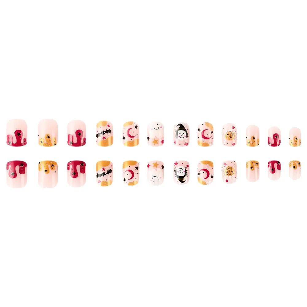Nailhour 24Pcs Cute Spider Pumpkin Halloween Short Square Multicolor Press On Nails