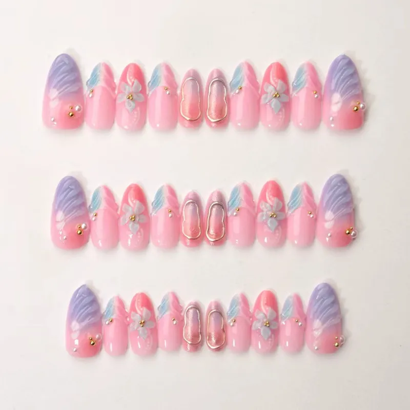 Nailhour 30Pcs 3D Gradient Floral Medium Almond Press On Nails