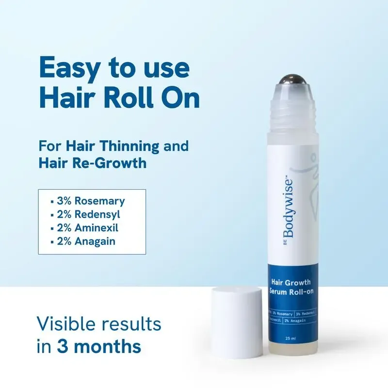 Be Bodywise Advanced Hair Growth Roll-On Serum | 3% Rosemary | 2% Aminexil | 3% Redensy l 2% Anagain | Precision Scalp Applicator | Paraben & Sulphate Free | Non oily and mess free