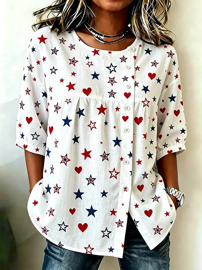 Ladies' Casual American Star Spangled Floral Printed Cotton And Linen Top