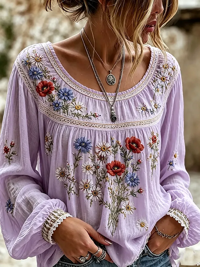 Women'S Floral Printed Casual Cotton And Linen Top