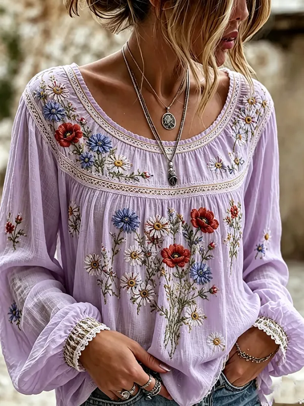 Women'S Floral Printed Casual Cotton And Linen Top