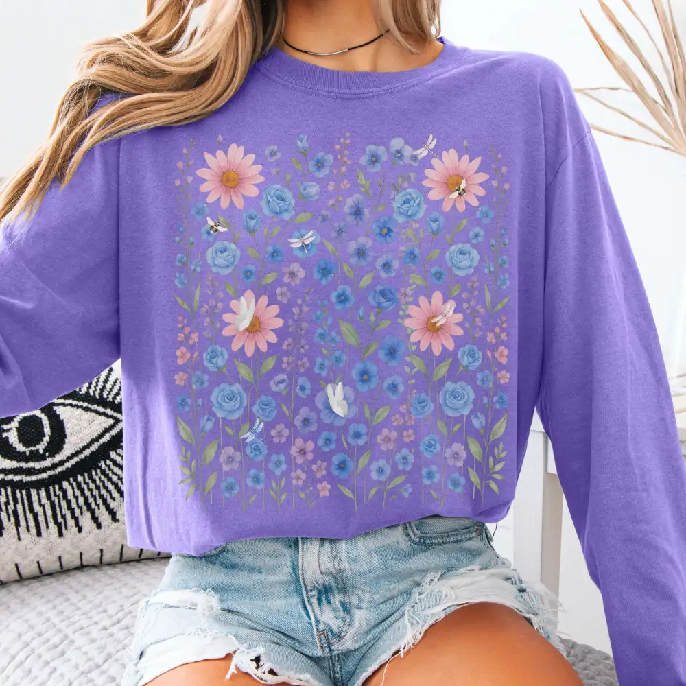 Blue Violet Wildflowers Long Sleeve Shirt