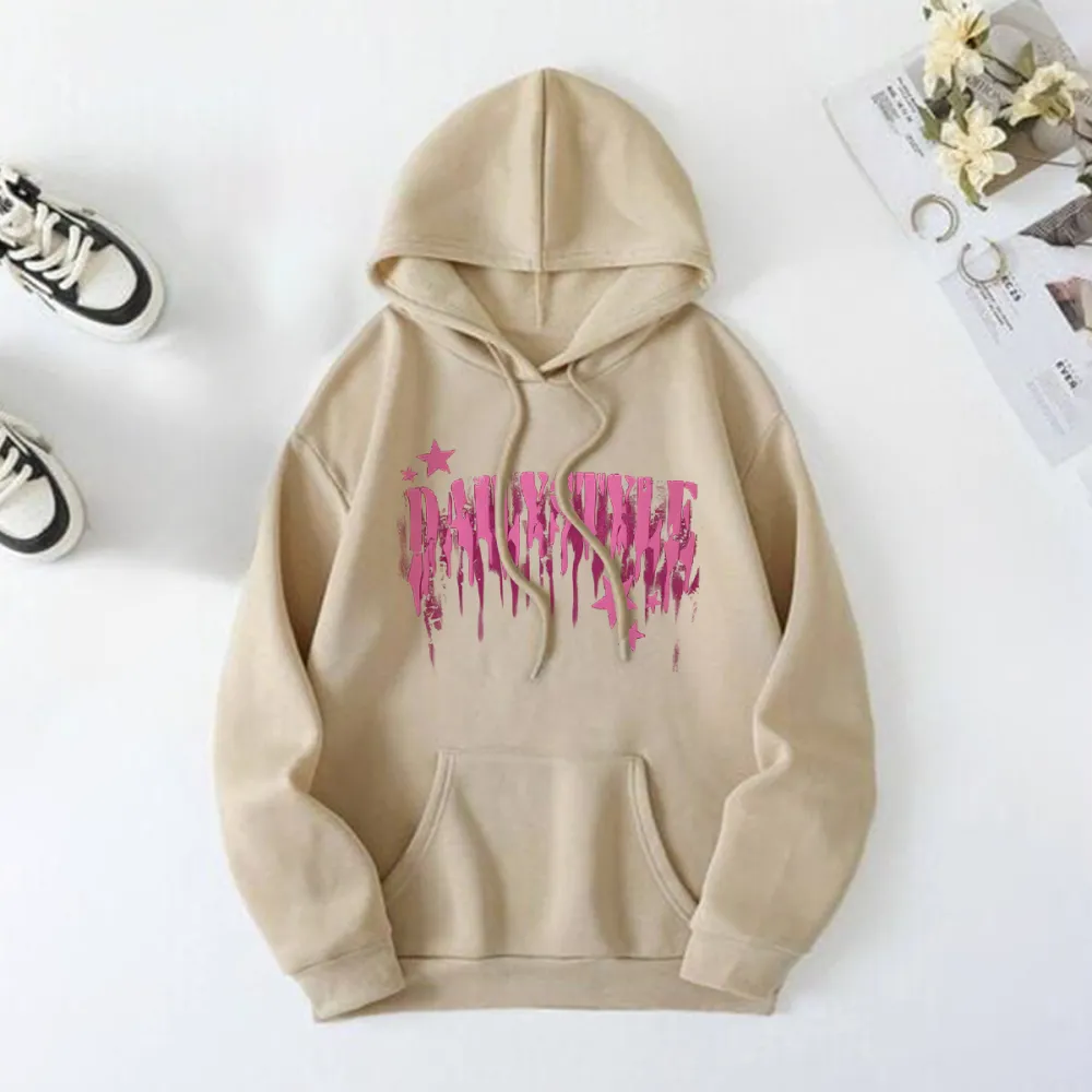 Pink Slogan And Pink Star Crew Neck Hoodies